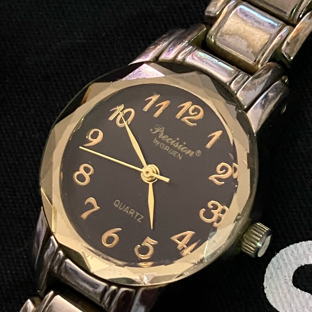 Vintage Precision Gold and Black Gruen Quartz Watch